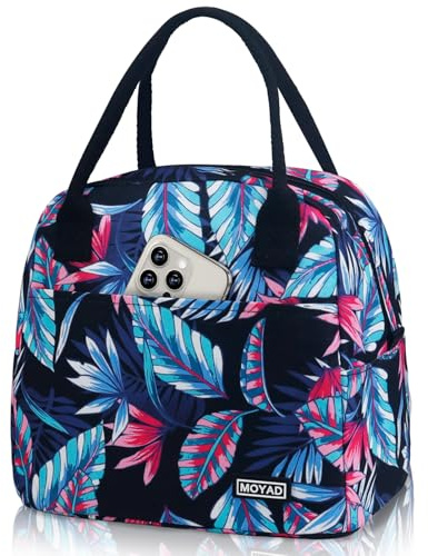 Moyad Insulated Lunch Bag for Women, 10L Reusable Portable Cooler Bag Tote Pack Water Resistant Lunch Box Adults Kids for Work School Travel Picnic, Tropical Rainforest Leaves & Black