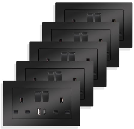 JIMEIDA 5 Pack 13A Double Switched Socket with USB, LED & 2 USB Ports Black | 5 Pack, 13A, 250V, 2x USB (A+C) 3.1A, Double Switched, LED Indicator, Fireproof PC, 146x86mm, Black