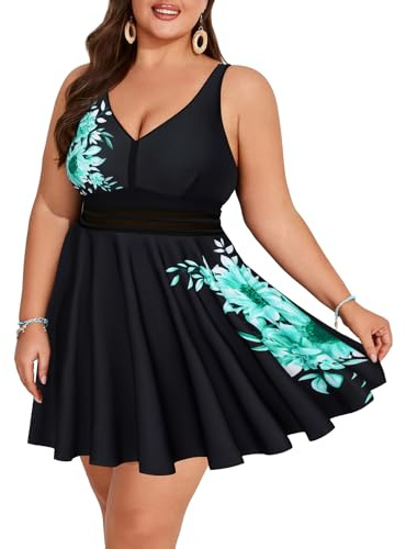 Hanna Nikole Traje de baño tankini de cintura alta con control de abdomen para mujer, talla grande, traje de baño de dos piezas con pantalones cortos de natación, Flor negra y verde azulado, 54 Más
