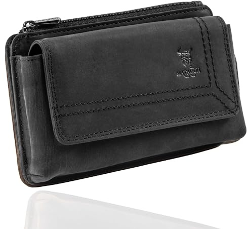 MATADOR Handy Gürteltasche Leder mit Kartenfach bis 6,9 Zoll Schwarz Matt | Echtleder | Magnetverschluss | Doppelte Gürtelschlaufe | Reißverschlussfach mit 2 Kartenfächern | RFID-Schutz