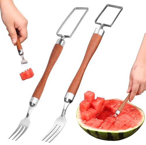 2pcs Watermelon Fork Cutter Slicer, 2 in 1 Stainless Steel Fruit Melon Cutter Knife Portable Dual Head Watermelon Cutter Tool for Summer Family Party Camping Kitchen Gadgets