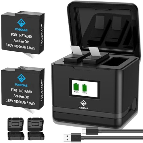 POEOSAS Batería de repuesto 360 Ace Pro, 2 paquetes de baterías de 1800 mAh con 3 ranuras de carga LCD, compatible con cámara Insta360 Ace Pro/Ace Pro 2, 2 fundas para cámara Insta360 Acepro