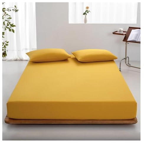Satin-Bettlaken, Seidenbettwäsche, Super-King-Size-Spannbettlaken-Set mit passendem Kissenbezug, einfarbiges Spannbettlaken- und Kissenbezug-Set mit 1 Bettlaken(Yellow,138 x 190 cm)