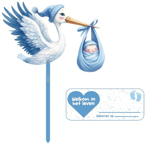 Klapperstorch Set zur Geburt Baby,Storch Geburt Für Draussen Blau,81cm Großer niedliche Holz Klapperstorch für Baby,Beidseitig Bedruckt,Geburtsstorch inkl,Holzstab+ Namensschild Grußkarte