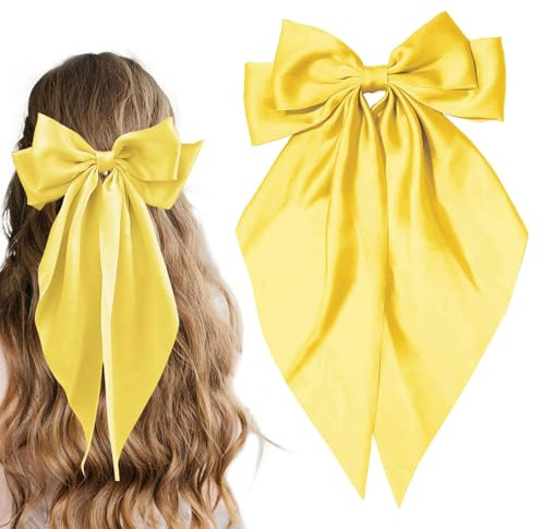 Large Satin Bow Barrettes Clips in Yellow - Hair Accessories for Women