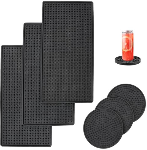BORISCA 6 Pezzi Set da Tappetino Cocktail, 3 Nero 30x15cm Tappetino Bar + 3 Sottobicchieri Rotondi di Diametro 10 cm, Servizio Bar Mat per Cucina e Bar, Tappetino Barman Anti-Heat e Slip