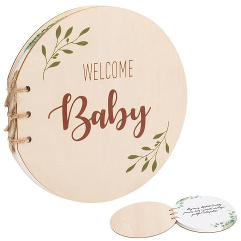 Livre d'Or Naissance Bébé, Livre Souvenir Baby Shower, Livre d'or Baptême Rond, Livre d'Or Couverture Bois, Livre d'Or pour Fête Prénatale, 35Pcs Papier Blanc, Bénédictions pour le Bebe (B)
