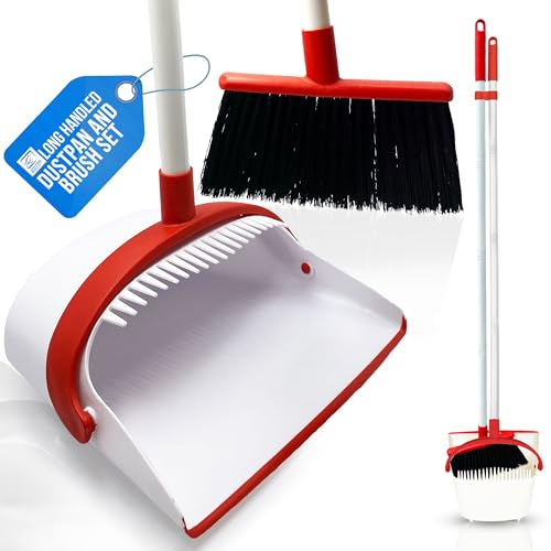 Long Handled Dustpan and Brush Set with Built-In Teeth Comb - Indoor Broom and Dustpan Set for Sweeping Brush Indoor 180° Swivel Dust Pan (Red and White)