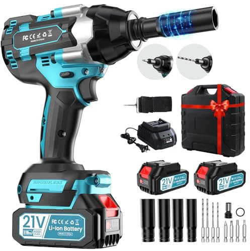 Akku Schlagschrauber, 3-IN-1 Professional 21V Bürstenloser 1/2 Schlagschrauber 1000Nm mit 2x4000 mAh Akkus,LED Licht,Schnellladegerät,4 Schlagnüsse,4 Bohrer,Aufbewahrungsbox,für Auto/Reifenwechsel