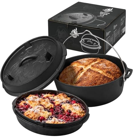 Feuergott Dutch Oven Cocotte en fonte sans pieds 3,5 l pour pain, four, cuisinière, induction, barbecue – Taille familiale pour plats mijotés, rôtis, ragoûts, casseroles, petits pains, barbecue