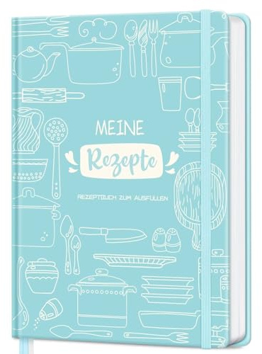 AITBOLFIT Rezeptbuch zum Selberschreiben A5 - Kochbuch selbst schreiben mit 150 Rezepten - inkl. Inhaltsverzeichnis, Buchmarkband & Tasche - praktisch & übersichtlich(Pastellblau)
