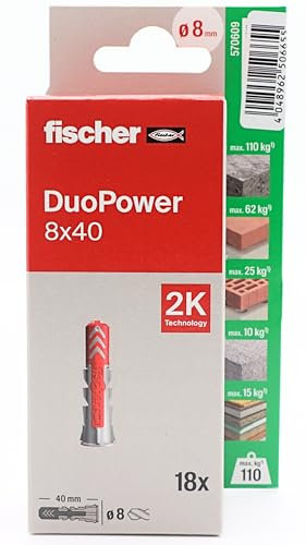 fischer - Duopower 8 x 40-18U, chevilles murales multi-matériaux, pour accrocher des vélos, des cadres, des armoires, des supports de télévision, des étagères, des meubles.