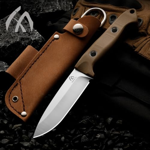 HUANG FU MAXING TAC Outdoor Jagdmesser, Feststehende Klinge 13cm, Gesamtlänge 26cm, Schwarz-Silber mit Lederscheide, Taktisches Überlebensmesser für Camping und Outdoor