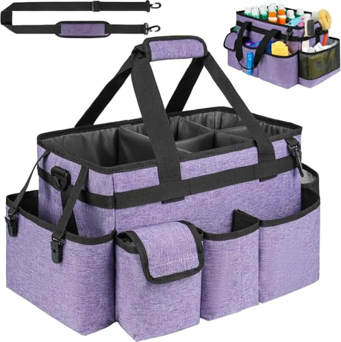 Cleaning Caddy with Handle,Cleaning Organiser,Multifunctional Cleaners Bag with Detachable Thick Dividers,Adjustable Waist Belt,Shoulder Straps for Cleaning Supplies,Home,Car,Garden,Large,Purple