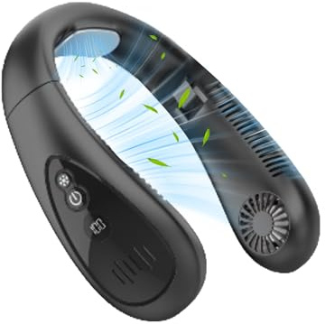 Ventilateur de cou portable avec plaque de refroidissement, flux d'air à 360°, 5 500 mAh, pliable, rechargeable, 3 vitesses, sans pales, pour l'intérieur, l'extérieur, les voyages et le sport (noir)