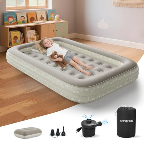 Abdtech Inflatable Toddler Travel Bed: Portable Blow Up Travel Toddler Bed with Safety Sides - Toddler Air Mattress with Electric Pump ＆ Carry Bag,Ideal for Sleeping and Outdoor Camping (Beige, 60)