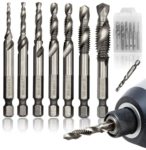 7 Pièces HSS Foret Taraudeur Coffret Foret Metal et Taraud 2-en-1 à 1/4 Tige Hexagonale Kit Taraudage (M3/M4/M5/M6/M8/M10) Outils pour le Perçage et le Taraudage pour Aluminium Bois et Plastique