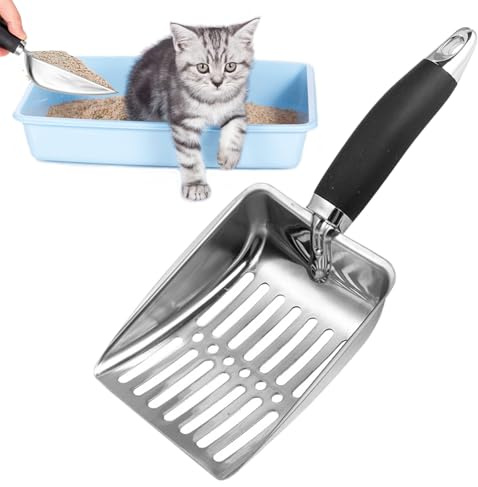 Katzenschaufel aus Metall, Tiefe Streuschaufel zur Reinigung, Edelstahl-Siebwerkzeug mit langem Griff, antihaftbeschichtetes Netz und ergonomischem Griff für Katzen, Haus, Schlafzimmer, Innenhof und