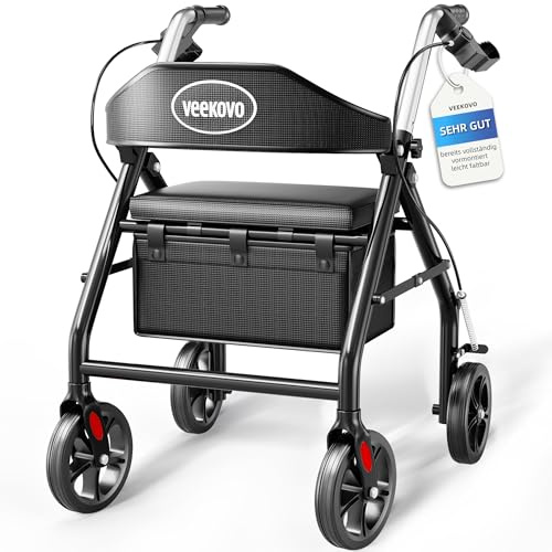 Leichtgewicht Rollator faltbar mit Sitz,schmal für Senioren Wohnung,Höhenverstellbar, Rollatoren für Senioren Klappbar mit 20cm Reifen für All Gelände, Gehhilfe, Laufhilfe (Schwarz)