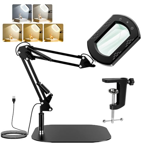 Lamptobe 10X Tischlupe mit Licht und Ständer/Klemme Schreibtischlampe mit Lupe und Licht 5 Farbmodi 2 in 1 Rechteck Lupenleuchte für Senioren Leselupe Reparatur Handwerk Hobby Juwelier