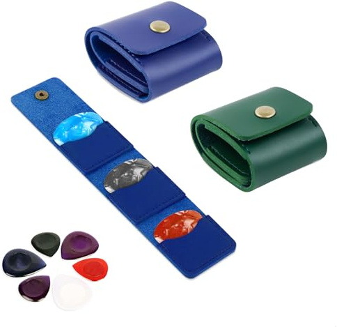 2 Plektrum Halter, Guitar Pick Holder Tragbare aus PU Leder Materialmit Steckplätzen, 3 Fächer, Gitarren Zubehör für Akustikgitarre e Gitarre Plektren Aufbewahrung, Grün, Blau