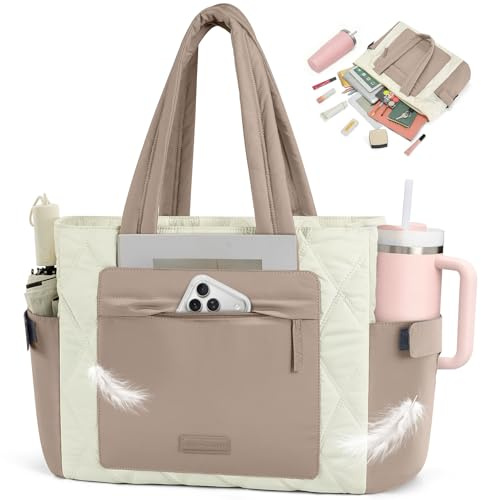 RAINSMORE Bolso Tote Acolchado Mujer, Ligero y Espacioso para Universidad Trabajo Viajes, Puffer Bolsos Shopper Grandes con Compartimentos para Portátil 15,6 Pulgadas Caqui Blanco