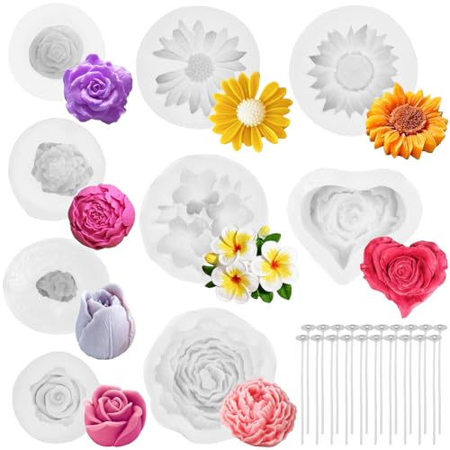 9 Stück Blumenform-Set,Blumenkerzenformen mit Kerzendocht,3D-Silikonformen für Kerzenherstellung,Epoxidharzguss,Wachs-Seifen-Ton-Gips,Cake Pop,Süßigkeiten,Wohnaccessoires,Handgefertigte Geschenke