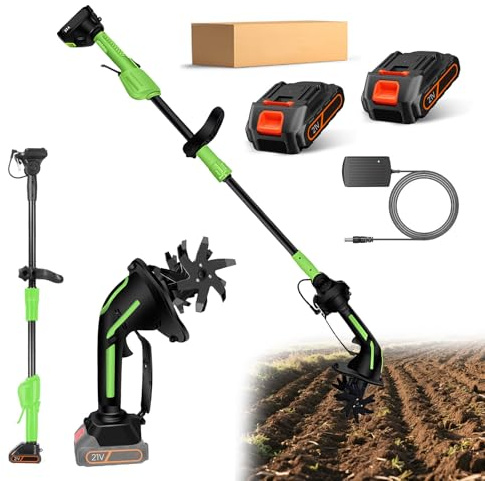 Electric Garden Rotavator,Cultivateur portatif sans Fil Compatible avec Makita 18V Batterie,rotavateur électrique avec 10cm fraisage Profondeur et 10cm fraisage Largeur (2Batterie + Tige d'extension)