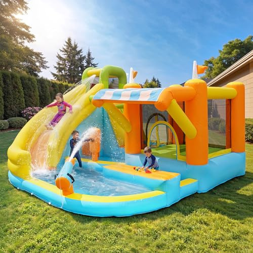 Castillo hinchable para niños, castillo hinchable con tobogán acuático, piscina, jardín al aire libre, parque acuático, con ventilador, tamaño 433 x 375 x 165 cm, multicolor
