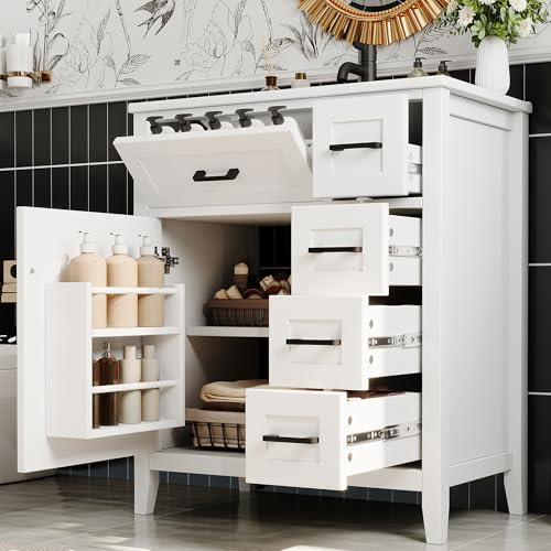 Terahanda 76 x 46 x 90 cm tocador de baño independiente, superficie lacada, cuatro cajones silenciosos, cajones plegables, estantes para puertas de armario, tiradores negros, lavabo de cerámica