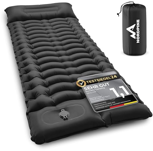 NEOLYMP NORDPINE Isomatte Camping - Integrierte Fußpumpe, Aufblasbar, 10 cm Dick - 200x70 cm, Ultraleicht 0,9 kg, Packmaß 25x12 cm - Aufblasbare Isomatte Luftmatratze Schlafmatte (Schwarz)
