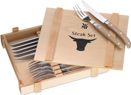 WMF Ranch Steakbesteck 12-teilig, Besteck Set 6 Personen, Steakmesser Set mit Gabel, Spezialklingenstahl geschmiedet, Cromargan Edelstahl mattiert, Eichenholz geölt