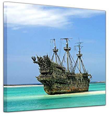 Bilderdepot24 Keilrahmenbild Piratenschiff in der Karibik - 80x80 cm quadratisch Keilrahmenbilder Bilder als Leinwanddruck Fotoleinwand Landschaften Geisterschiff - Schiffswrack auf einer Sandbank