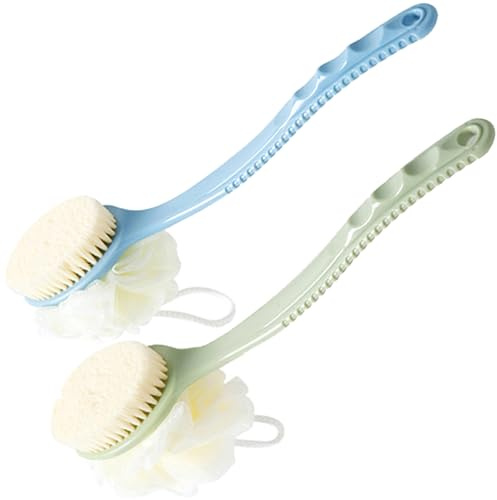AARAINBOW Rückenbürste für Dusche, Duschbürsten mit Langem Griff, Badebürste mit Borsten & Luffa, 2 Packungen, Rücken Lotion Applikator Peelingbürste für Frauen Männer Ältere (Blau + Grün)