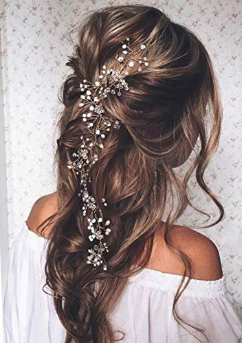Unicra Kristall Braut Haar Zubehör Lange Silber Hochzeit Haar Rebe Perle Kopfstück für Frauen und Bräute