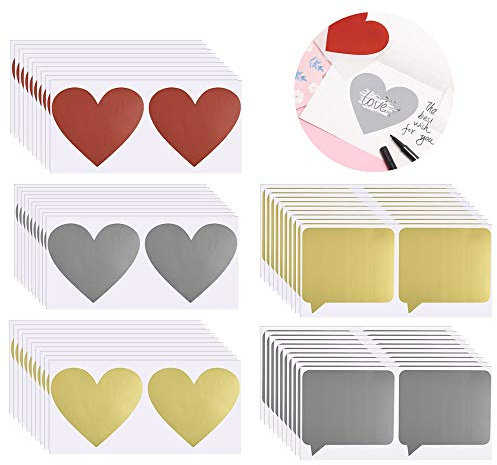 PERFETSELL 100 Stücke Rubbel Etiketten Herz Quadratisch Rubbelsticker Selbstklebend weihnachten Rubbeletiketten Gold Silber Rot Rubbelaufkleber Sticker zum Basteln von Rubbelkarten Rubbellose Hochzeit