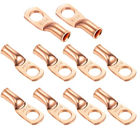 Ampper Heavy Duty Copper Wire Lugs, UL Eyelets Ring Crimp Copper Terminal Connectors for Battery Cable Ends and More (8 Awg, 1/4 Ring, 10 Pcs)