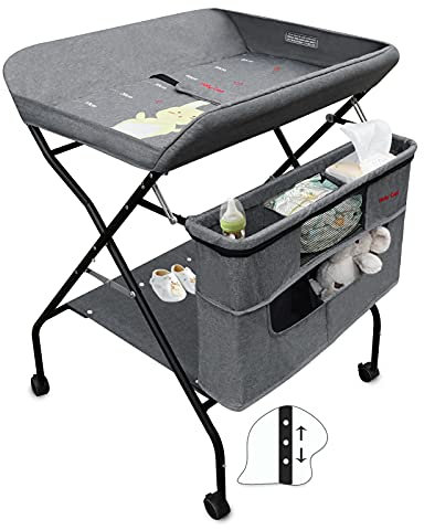 Holy Cat Baby - Cambiador portátil con ruedas, altura ajustable, plegable, soporte para guardería móvil con estante de almacenamiento grande y ligero para recién nacido, color gris