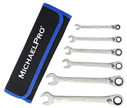 MichaelPro MP001139 Ringmaulschlüssel-Satz mit umschaltbarer Ratsche, metrisch, 6-teilig, 8,10,12,13,17,19 mm, Maulschlüssel mit Rolltasche