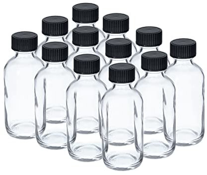 2oz / 60ml Clear Glass Boston Round Bottles with Screw Top Lid Cap Stopper Closure Vials - Pack of 12 Bottles