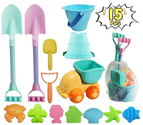 IOKUKI Long Shovels Sand Toys Set with Mesh Bag Including Dump Truck, Beach Buckets, Shovels, Rakes, Molds, Outdoor Beach Toy Tool Kit for Kids, Toddlers, Boys 1and Girls (15 PCS) Age 3+