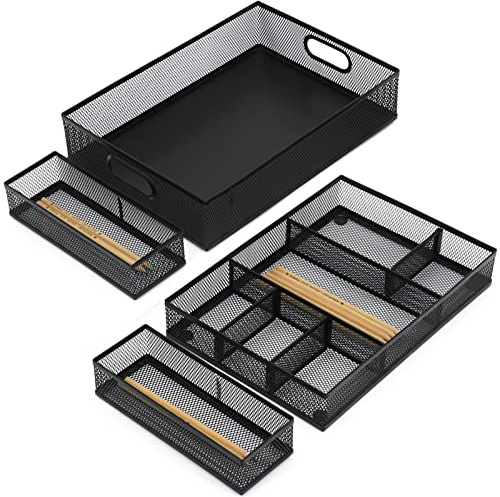 Neudeco Desk Drawer Organizer with 6 Adjustable Dividers, Metal Mesh Pen Organizer for Desk Drawer, Office Supplies Tray (Pack of 4, Black)