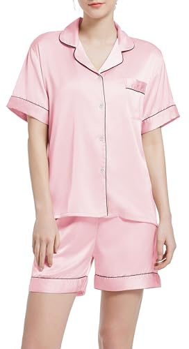 Xuepelit Dam satin kortärmad pyjamas-set, tvådelat nattkläder, button down, klassisk, ledig, mode, sidenpyjamas för kvinnor, ROSA, XL