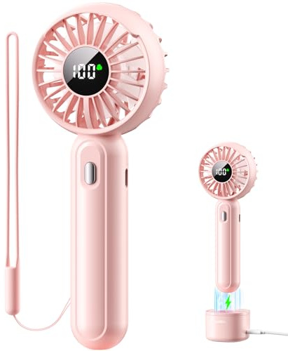 coldSky Small Portable Fan, Powerful Handheld Fan with Rechargeable Base, 3 Speed Personal Desk Fan with LED Digital Display, 2000mAh Battery Operated USB Fan Lash Fan Makeup Fan for Women, Pink