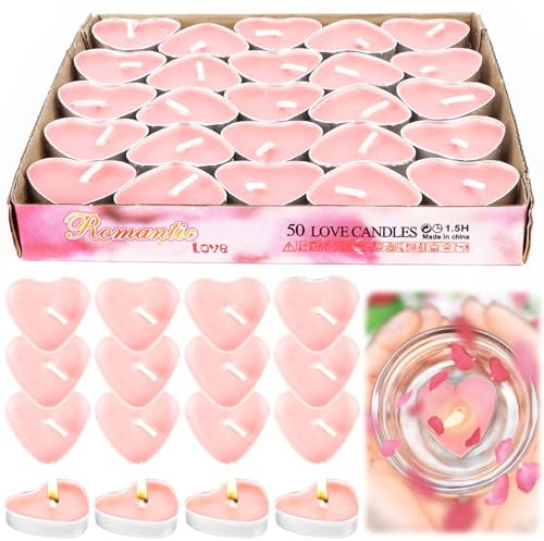 RUNEAY Teelichter Herz Kerzen Rosa 50 Stück, Romantische Deko für Hochzeit, Verlobung, Heiratsantrag, Marry Me