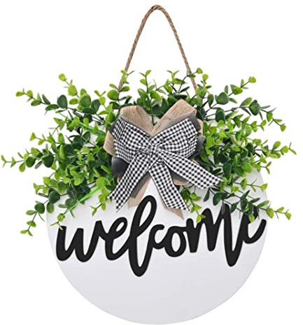 NIDONE Cartello di Benvenuto in Legno Rotondo, Decorazione per la Porta d'Ingresso, Occasione Primavera, Colore Bianco