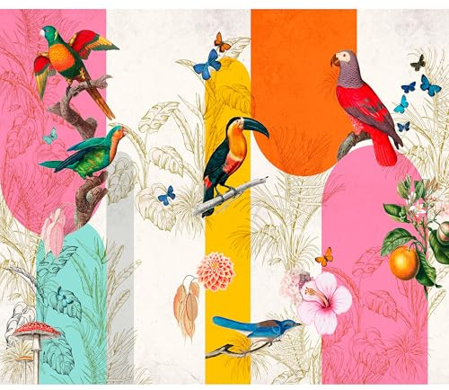 murando - Vlies Fototapete Vintage Dschungel 350x256cmVlies Tapeten Wandtapete XXL Wanddeko Mustertapete Design Wand Dekoration Vliestapete Büro Flur Papagei Tropical Palmenblätter Helle b-C-10378-a-b