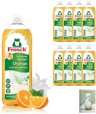 Frosch Universal-Reiniger Orange - 8er Pack (8 x 750 ml) - Kraftvoller Allzweckreiniger mit Frischem Orangenduft für Böden und Oberflächen - Mit Celexqua Reinigungsratgeber (e-Book)