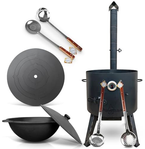 Utschak Uchag - Horno de fuego de 49 cm de diámetro, 2 mm, acero 4 mm, hierro fundido, Kazan 22 L, base redonda con termómetro espumadera para cucharón Plov Учак Учаг Uchag Asia казан (Set 536)