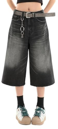 Lafaguw Jean Court pour Femme et Homme - Taille Haute - Jambe Large - Baggy Jorts Y2K - Décontracté - Pantalon Capris en Denim - Vêtements d'été Grunge., Noir 1, M Court